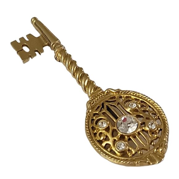 1928 Brand Gold Tone Clear Rhinestone Skeleton Key Brooch Pin K541 - Picture 5 of 10